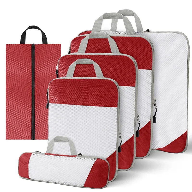 sac de rangement en nylon imperméable à compression de voyage portable, ensemble de pochettes de rangement à motif de grille visuelle pour l'organisation du voyage