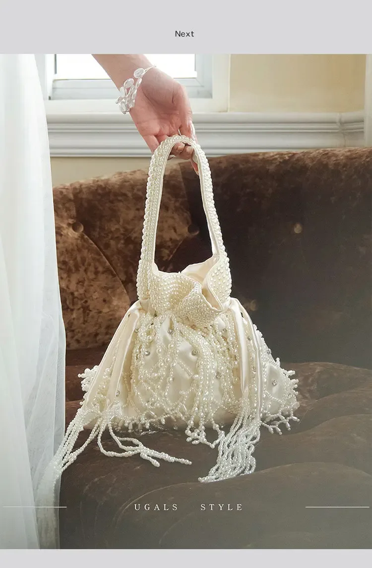vintage perle perlée longue gland à la main femmes sac à main sac de soirée de mariage pochette sac à main perles perles tissé sac à bandoulière