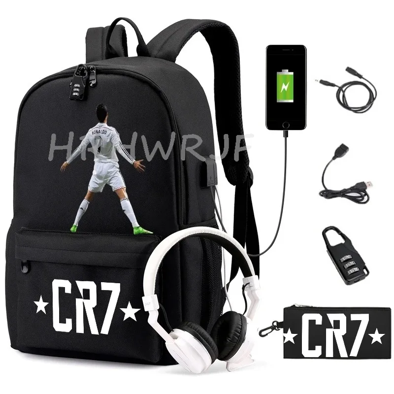 sac à dos usb cr7 pour femmes et hommes, sac à dos de voyage décontracté anti-vol, sacs d'école pour adolescents avec capacité pour ordinateur portable, avec trousse à crayons, 2 pièces