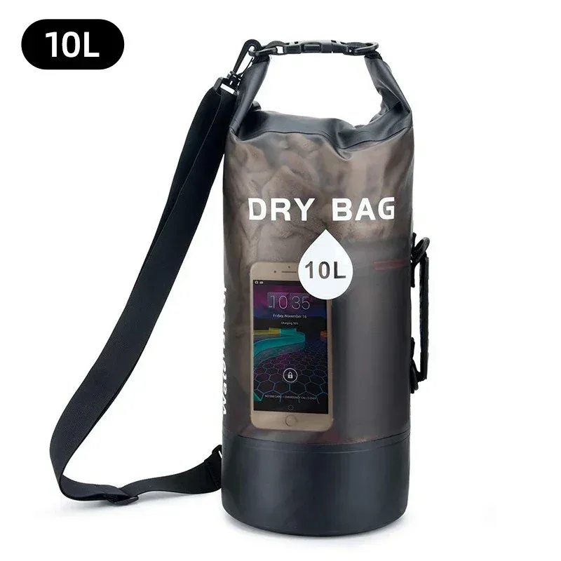 organisateur voyage sac étanche pvc transparent motif bleu poignée noire sangle ajustable trekking kayak rafting canotage
