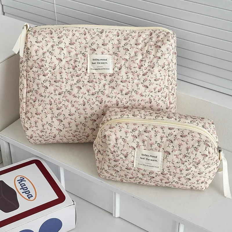 grande trousse de toilette florale en velours côtelé grande capacité, sac de maquillage portable de voyage, organisateur de toilette pour filles, sac de rangement