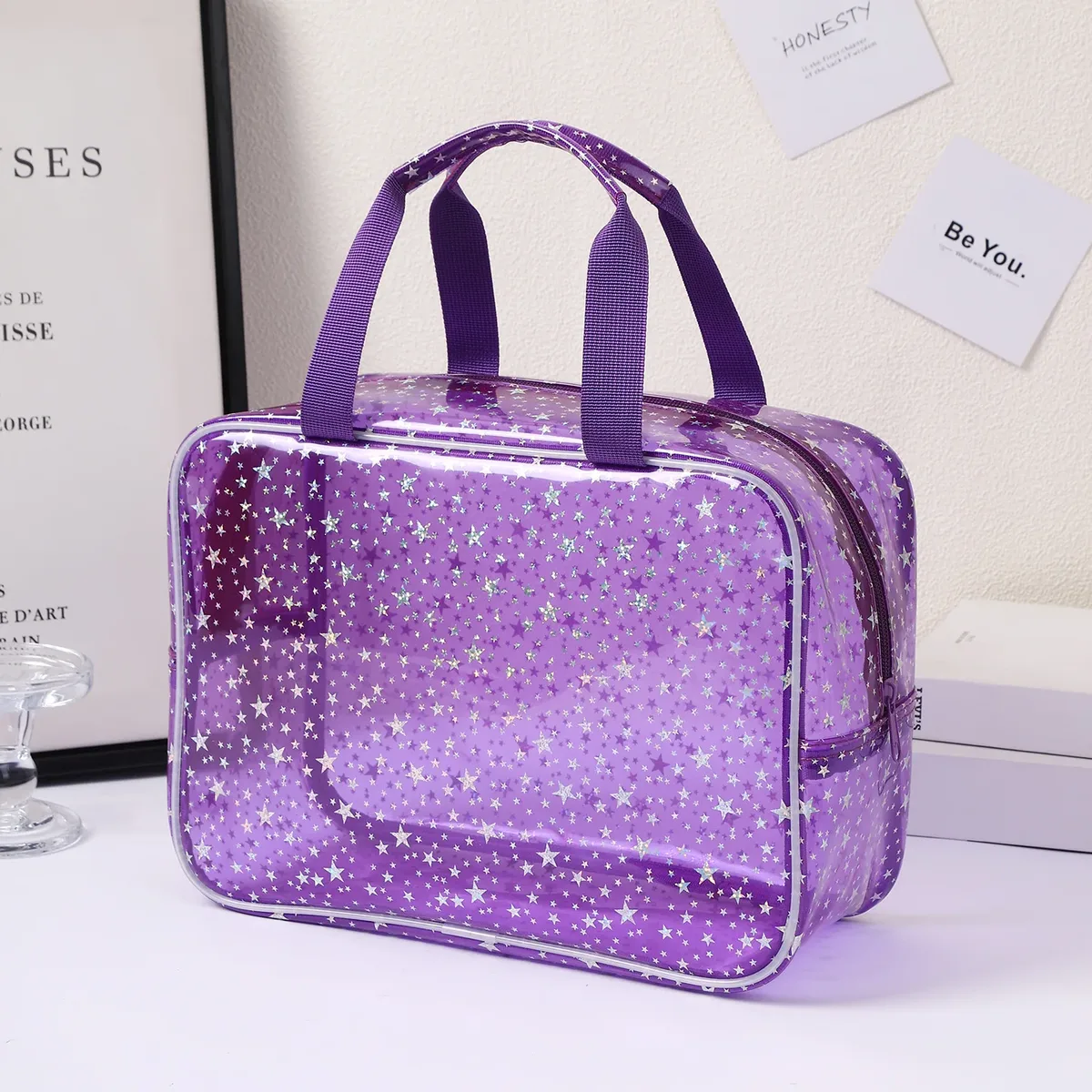 sac fourre-tout de voyage élégant en forme de cube de grande capacité, sac de maquillage imperméable à motif étoile, sac de rangement, trousse de toilette
