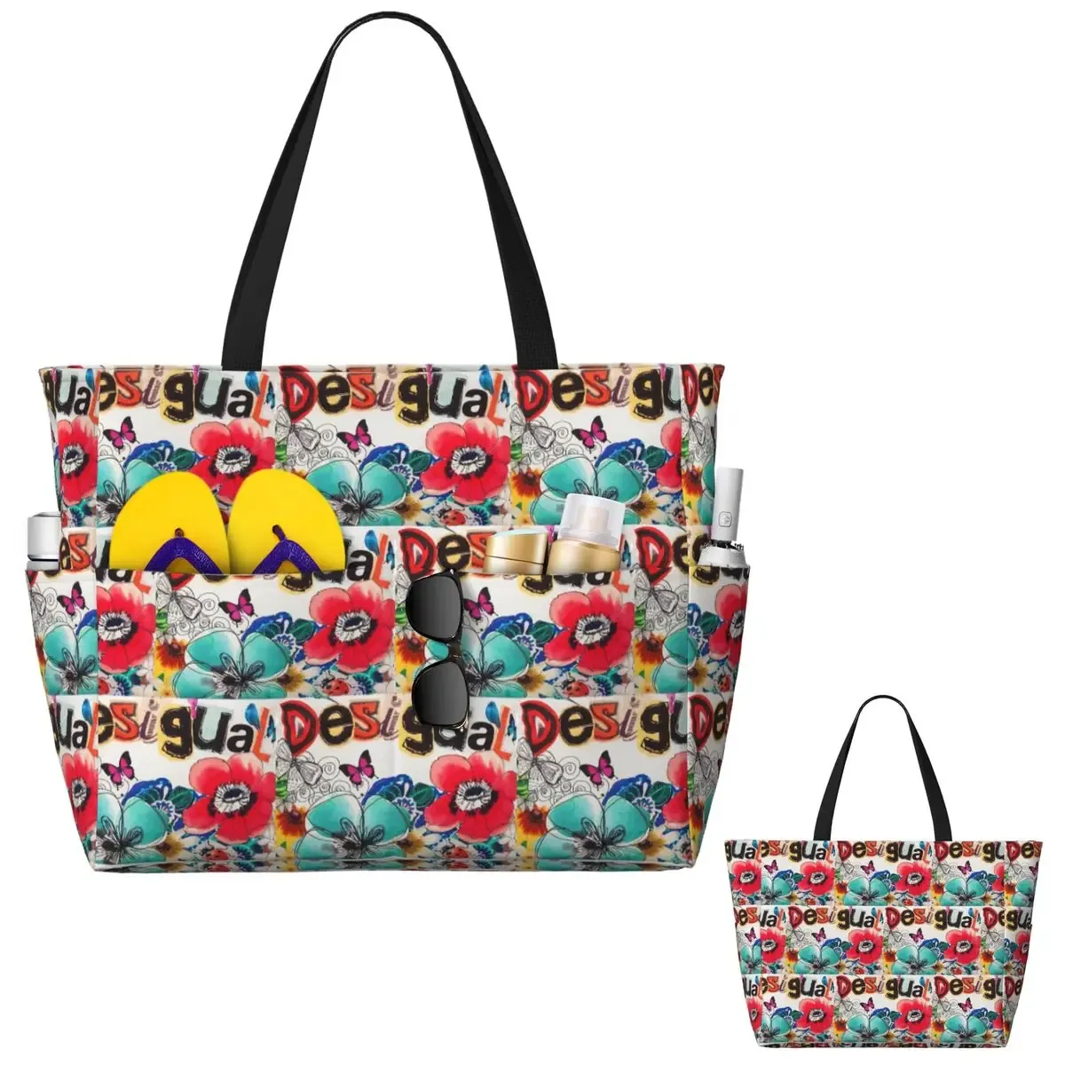 sac voyage polyester imprime animaux fleurs rouges bleues lettres desigual poignées noires grande rectangulaire