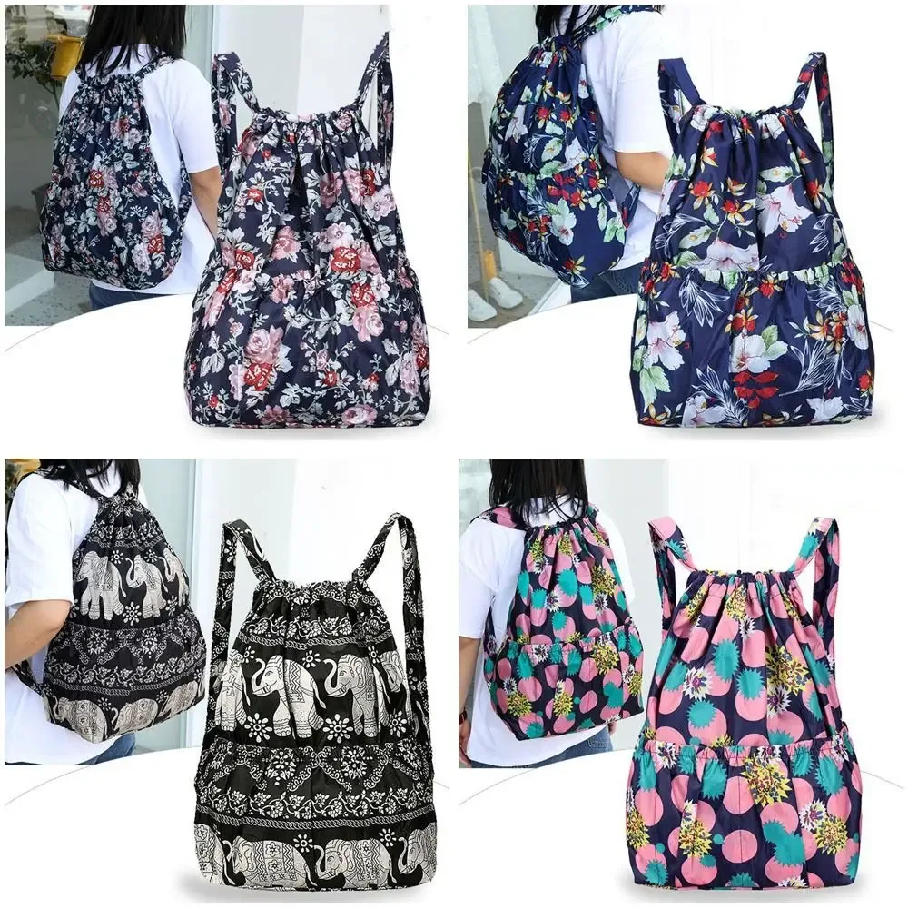 sac à cordon imprimé floral, sac de shopping portable en polyester de grande capacité, sac de voyage léger et étanche pour adolescentes