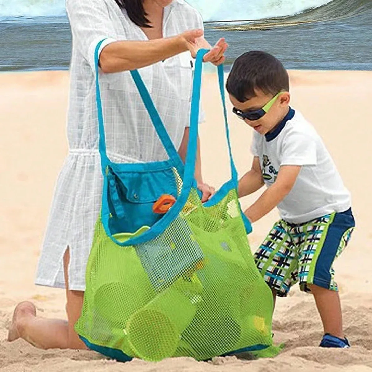 sac de plage en maille multicolore, grand format, anti-sable, sac fourre-tout portable avec trou de suspension pratique, sac de rangement respirant et pliable