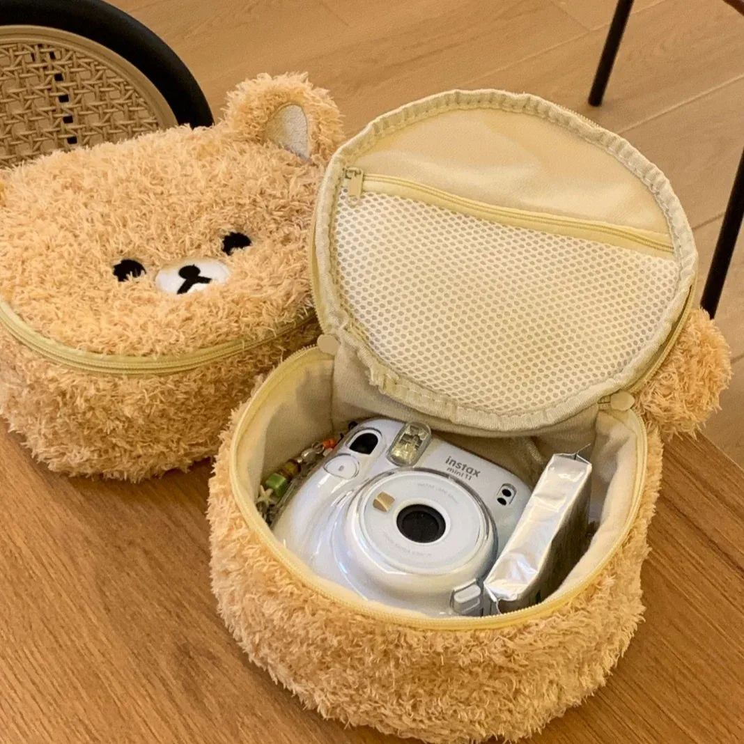 trousse de maquillage en peluche ours anime relaxant, sac cosmétique mignon kawaii, organisateur de toilette, sac de rangement pour bijoux et appareil photo ccd, cadeau, ventes flash