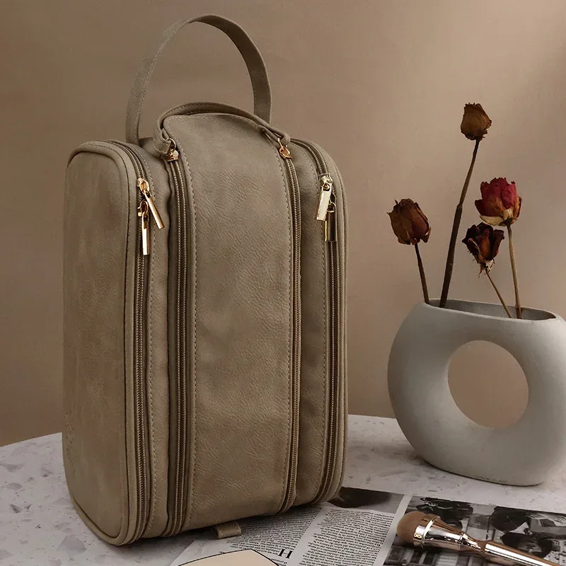 sac de maquillage multifonctionnel en cuir pu pour femmes, grande capacité, portable, double fermeture éclair, brosse de maquillage de voyage, sac de rangement d'articles de toilette