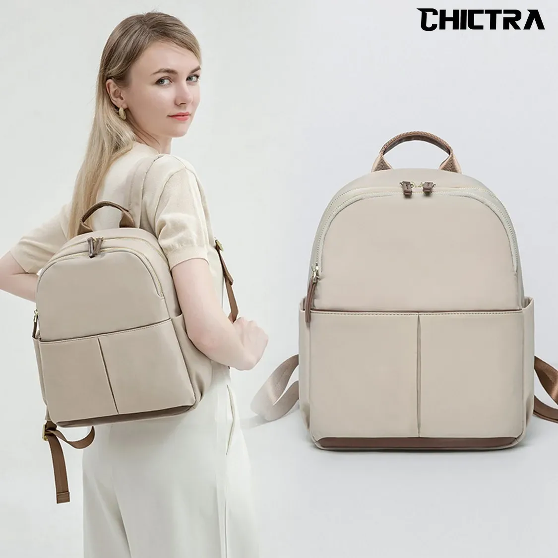 sac dos oxford universtitaire polyester beige bandoulière arquée fermeture éclair anti vol voyage femme journee ecole travail