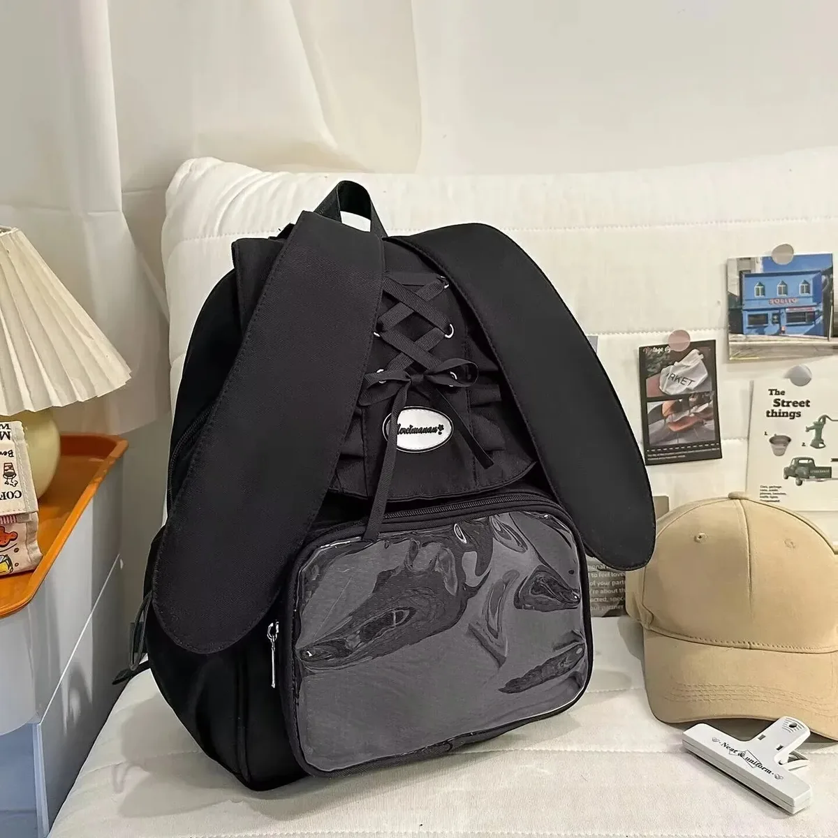 y2k bow oreille de lapin japonais ita sac à dos lolita fille sac transparent mignon haute capacité sac à dos style preppy sac à dos à volants