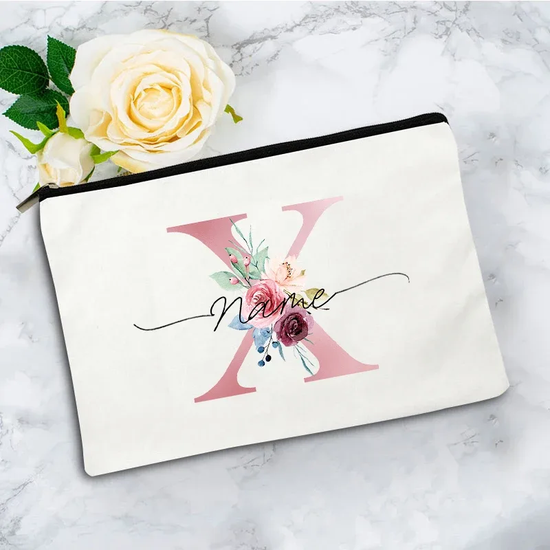 trousse de maquillage personnalisée rose à motifs floraux avec initiale, pochette cosmétique en toile personnalisée, organisateur de voyage pour articles de toilette pour femmes