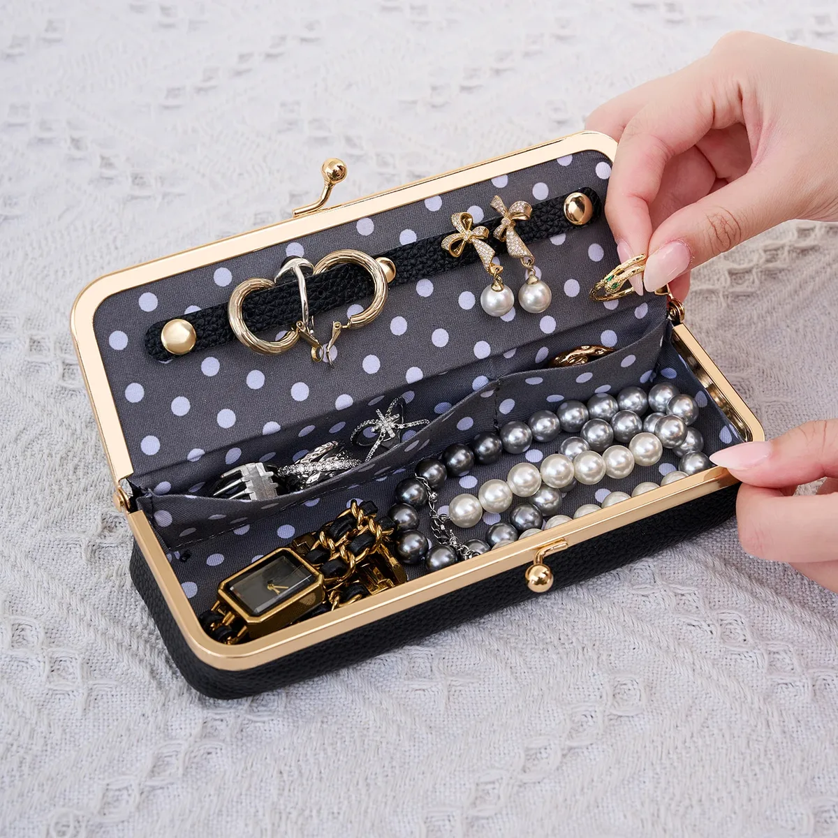 miyin étui à bijoux multifonctionnel pour femme à imprimé léopard avec fermeture kiss lock, étui à lunettes, essentiel de voyage, organisateur de rouge à lèvres et cosmétiques
