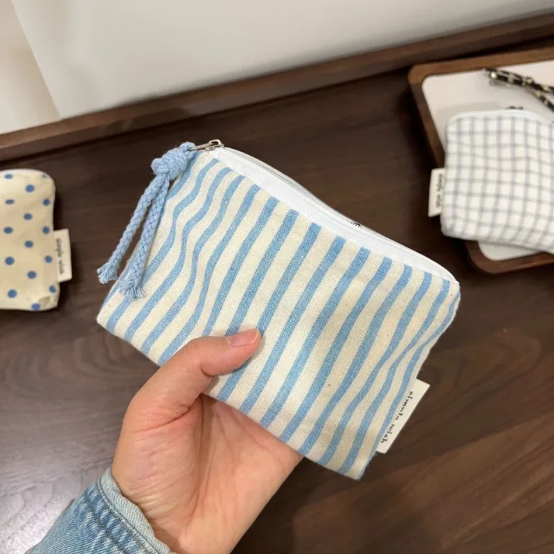 sac de maquillage portable pour femmes, organiseur de cosmétiques bleu à carreaux, portefeuille mignon, mini sac de rangement pour rouge à lèvres