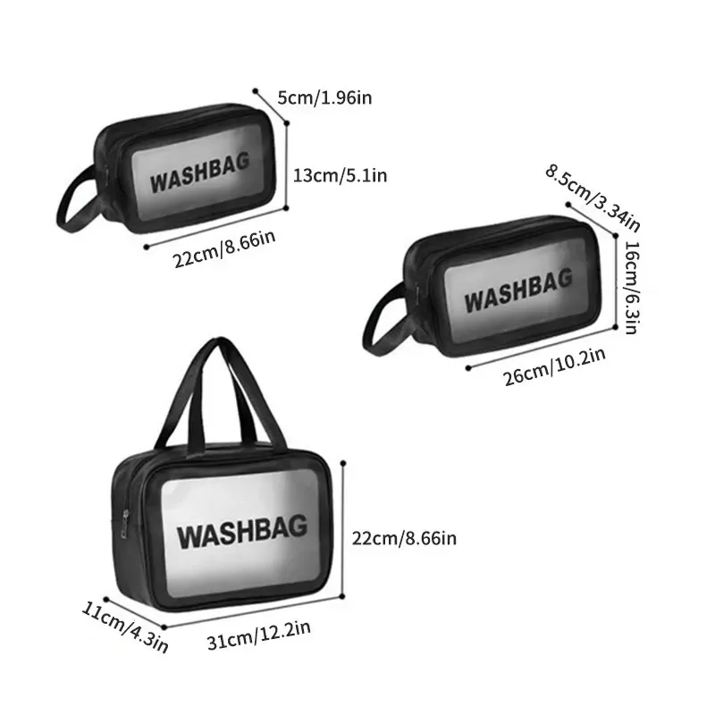 sac de maquillage et de toilette transparent en pu, 3 pièces, grande capacité, sac de rangement portable semi-transparent en pvc givré