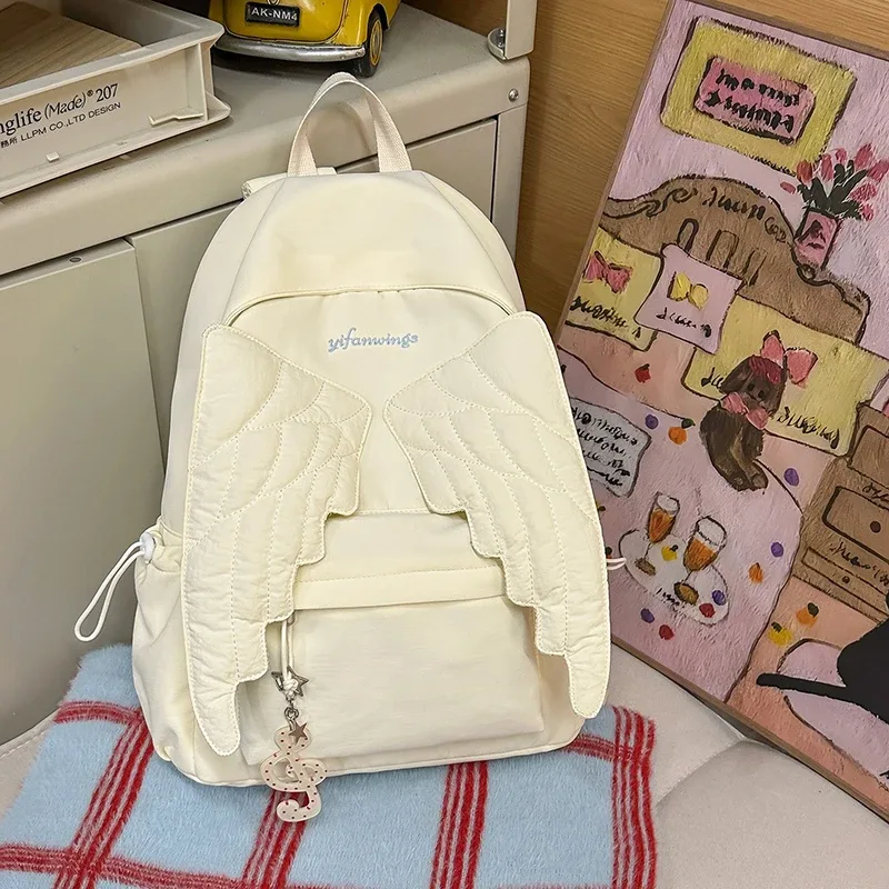 sac à dos élégant aile d'ange, sac d'école doux, sac de voyage maxi léger en nylon simple, sac à bandoulière coréen à fermeture éclair, fourre-tout décontracté