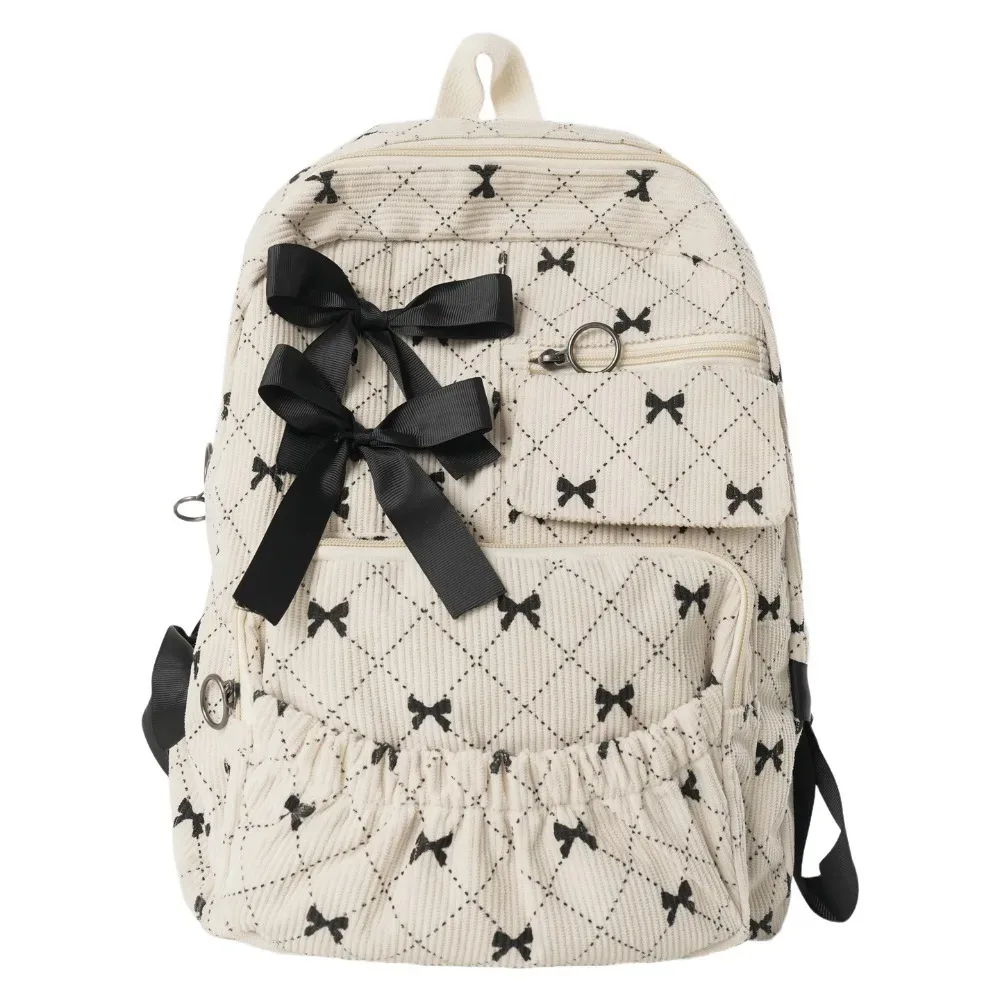 sac à dos scolaire en velours côtelé à nœud, style ins, imprimé nœud, polyvalent, grande capacité, pour étudiants et femmes
