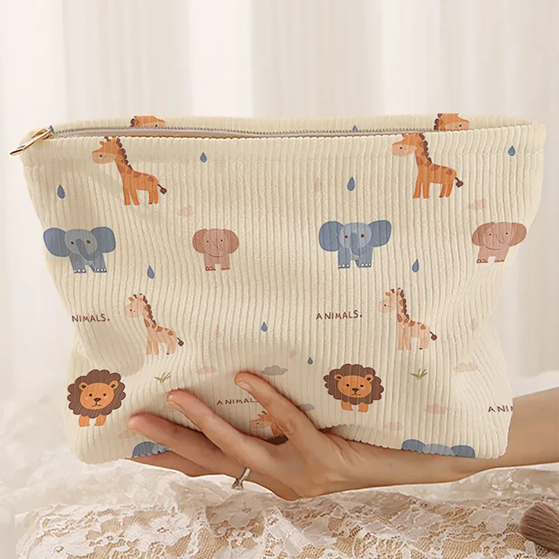 sac à cosmétiques en velours côtelé imprimé mignon, grande capacité, pochette de rangement de maquillage portable pour femmes et filles