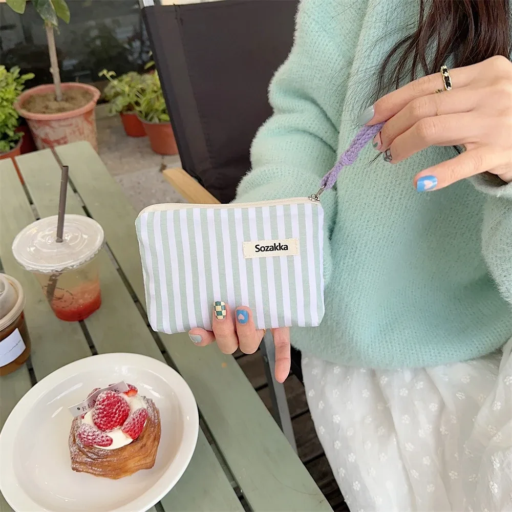 petit sac de maquillage cosmétique, mini sacs de rangement en toile rayés pour femmes, étui de maquillage pour rouge à lèvres, sac à main mignon pour enfants, pochette pour pièces de monnaie