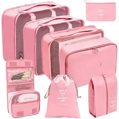 organisateur voyage polyester beige clair tissu imperméable poches maille transparente fermetures glissière poignées intégrées grande taille