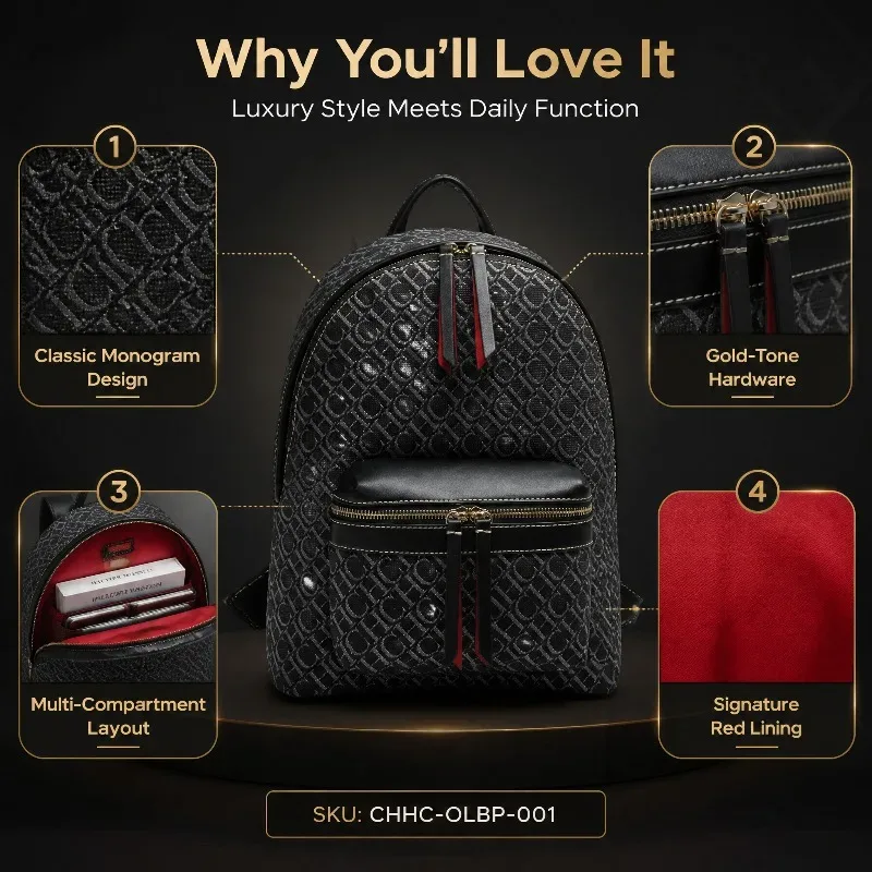 sac dos motif monogrammé fond noir poignées fermeture glissière intérieur rouge polyester voyage grande capacité unisexe