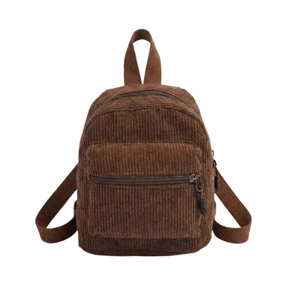 mini sac à dos polyvalent en velours côtelé de couleur unie, léger, avec fermeture éclair, double bandoulière, multi-poches, sac à dos vintage pour le quotidien et les voyages