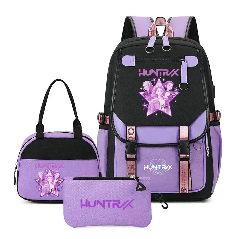 sac à dos kpop demon hunter pour adolescents, cartable de grande capacité, 3 pièces/ensemble avec sac à lunch pour femmes, étudiants, décontracté, confortable, pour voyage, mochilas