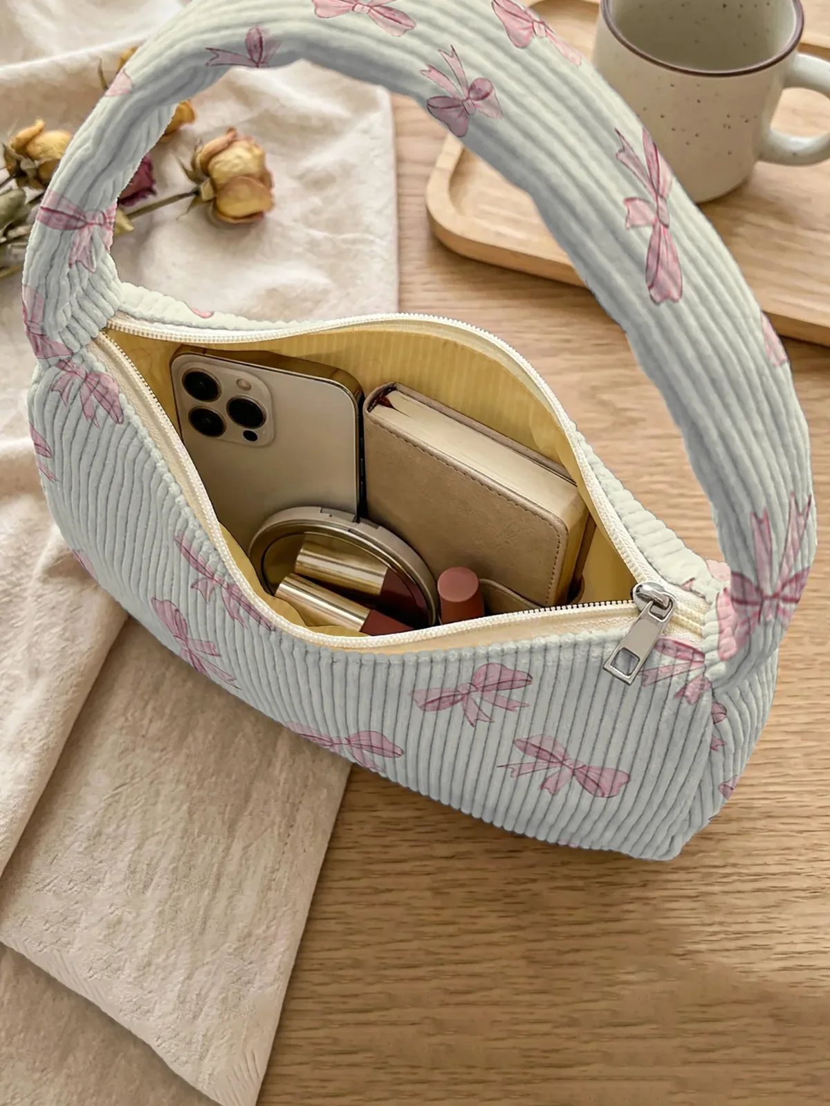 sac à bandoulière tendance imprimé nœud rose, sac sous le bras en velours côtelé beige pour usage quotidien décontracté