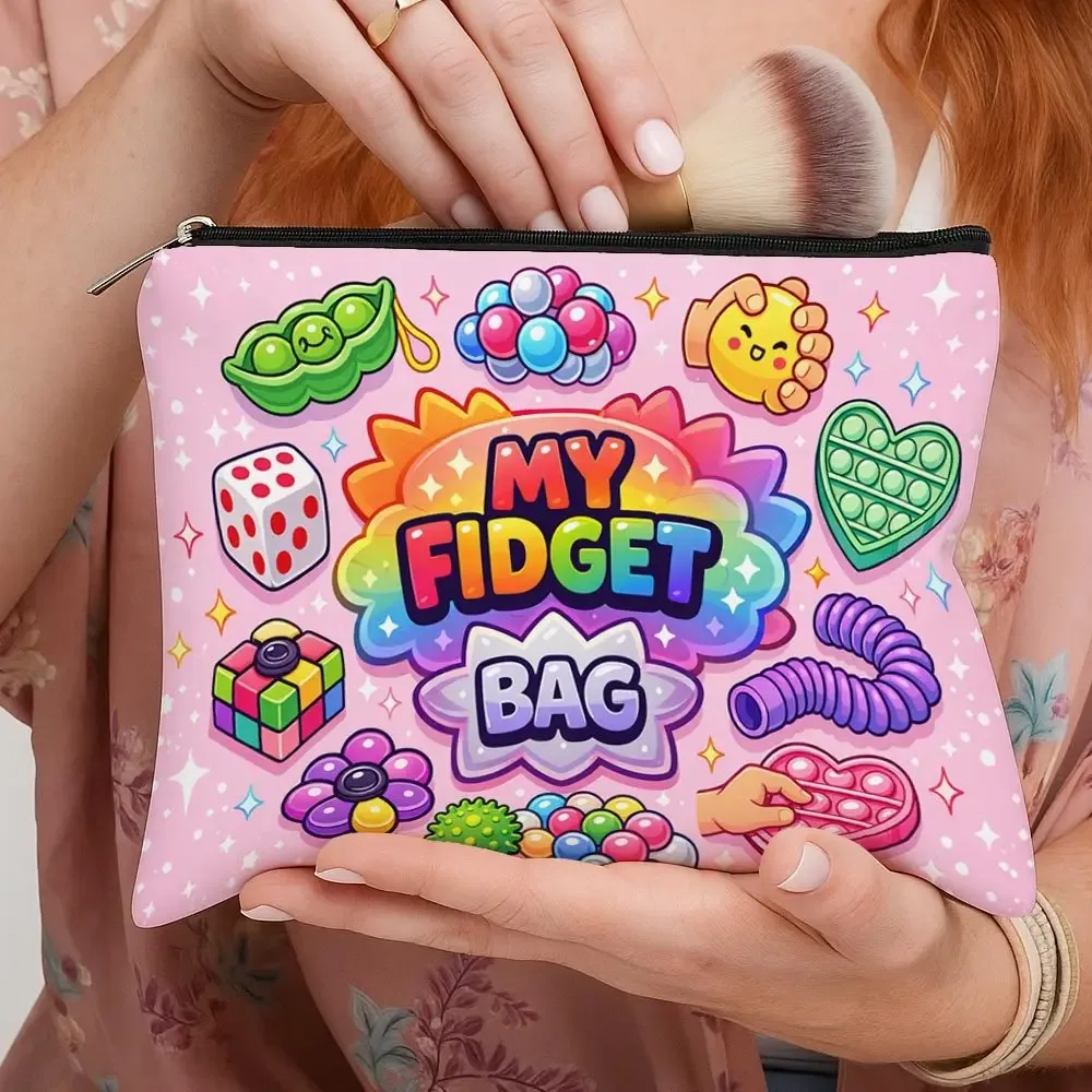 trousse de maquillage ludique pop art avec motif icônes fidget toy, organisateur de voyage pour articles de toilette à motif floral, pochette cosmétique portable