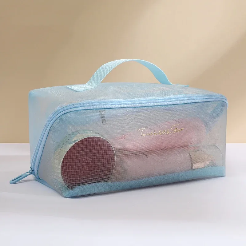 sac de rangement de maquillage en maille transparente, vente en gros, pochette de toilette de maquillage de voyage, sac de toilette, fourre-tout organisateur de cosmétiques, sacs à fermeture éclair