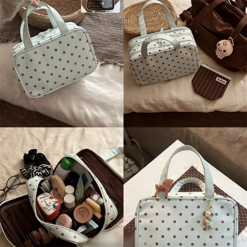 nouvelle trousse de maquillage portable grande capacité à pois avec 3 compartiments pour femmes, organisateur de voyage pour soins de la peau et pinceaux cosmétiques