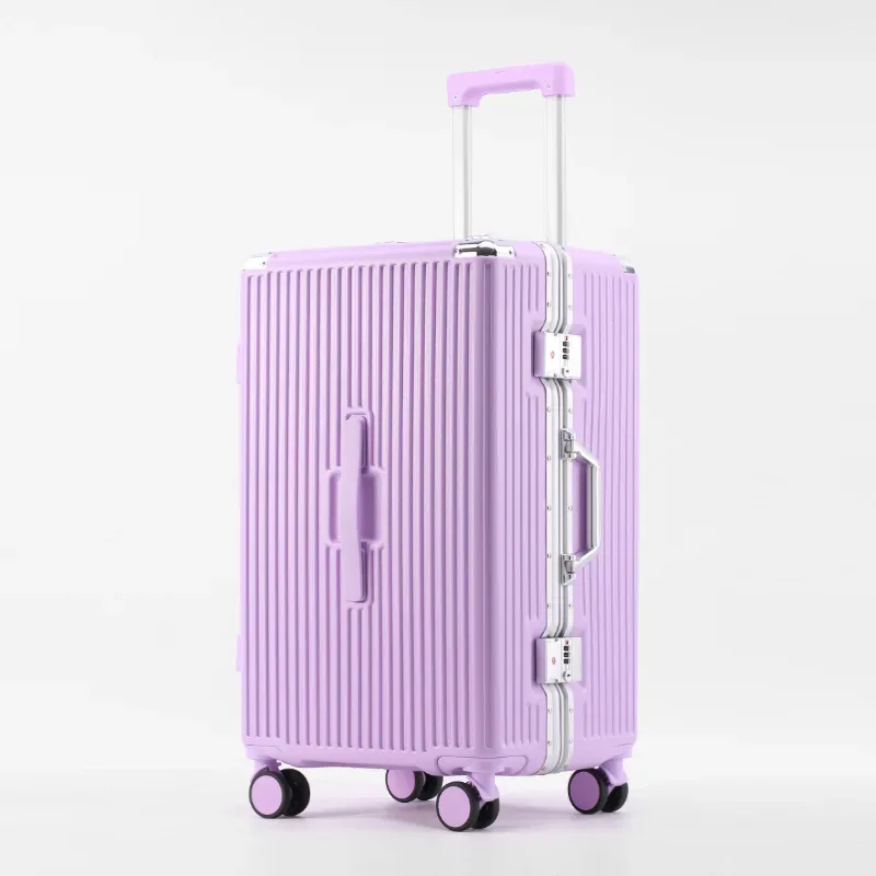 valise bagage roulante aluminium blanc violet grand capacité compartiment divisé roues bandes orange voyage étudiant