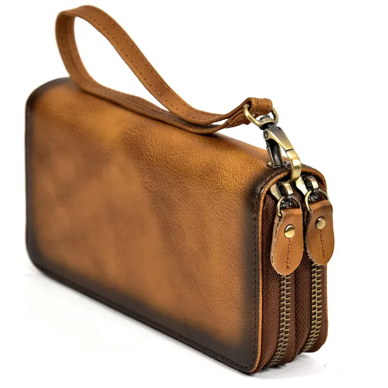 luufan-long sac à main en cuir de cheval vintage pour hommes et femmes, portefeuilles à double fermeture éclair pour carte de crédit, pochette pour homme