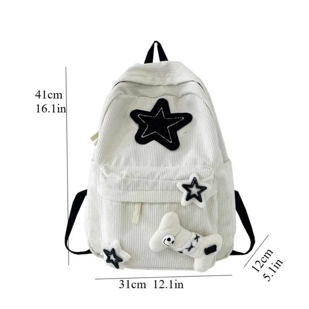 sac à dos coréen y2k harajuku en velours côtelé avec patch étoile noir et blanc, style gothique, poupée tête de mort, mignon, streetwear japonais, pour étudiantes et adolescentes