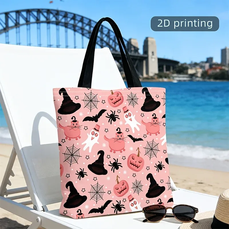 sac fourre-tout en toile rose pour halloween, imprimé fantôme mignon, citrouille, chapeau de sorcière, chauve-souris, araignée, sac à main réutilisable pour femmes.