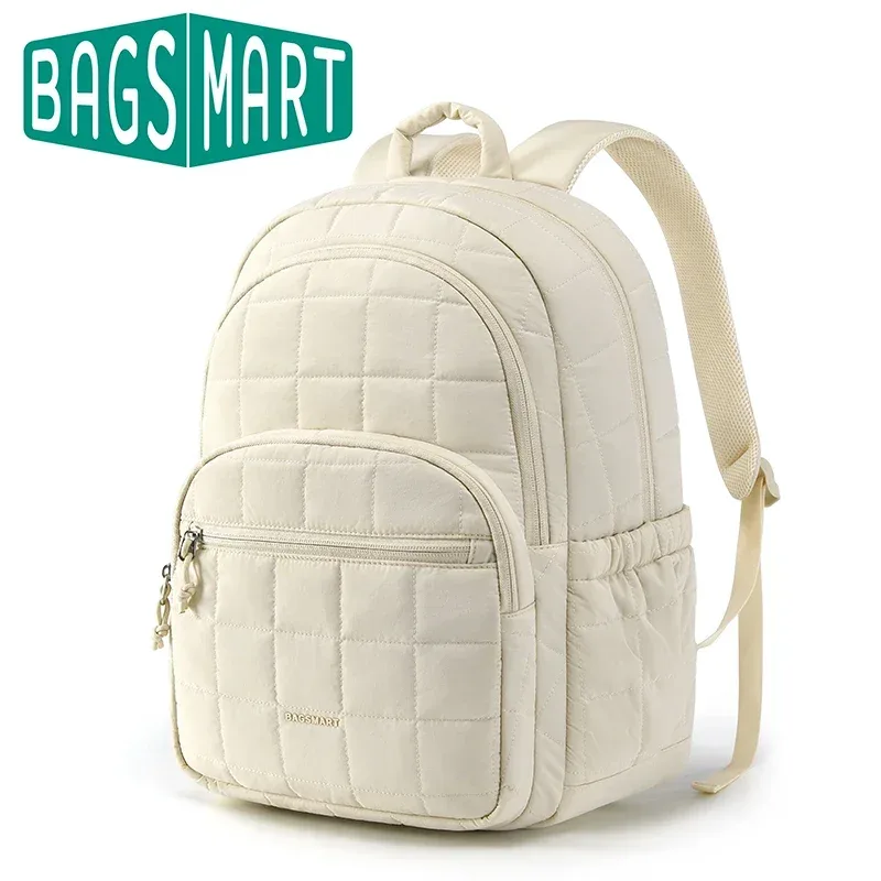 Sac Dos Nylon Beige Carreaux 20 35 Litres Bandes Soutien Ventilées Poignée Souple Compartiment Téléphone Portable Courbe Physiologique Dos