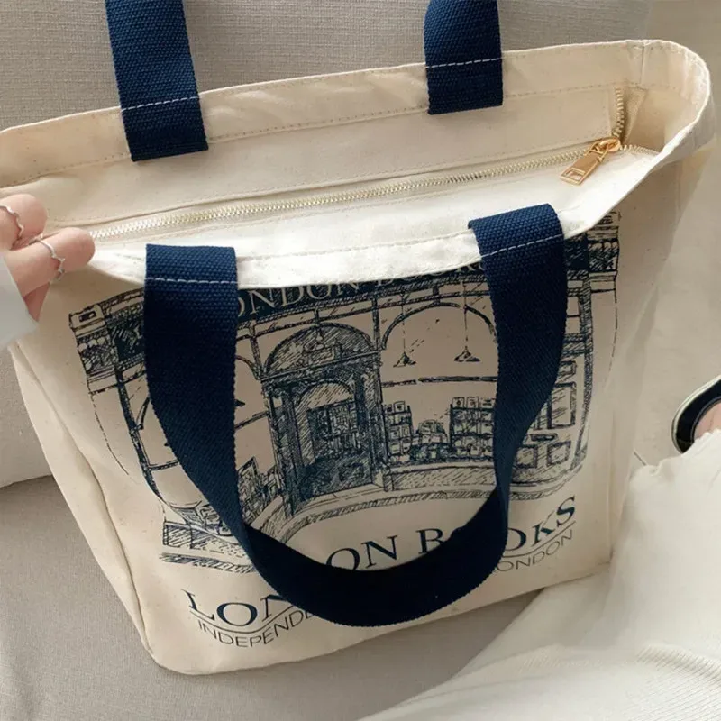 femmes toile sac à bandoulière londres livres imprimer dames sac à main décontracté sac fourre-tout réutilisable grande capacité coton shopping sac de plage