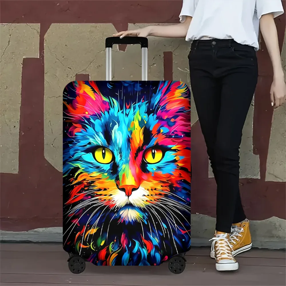 housse valise polyester motif chat yeux jaunes couleurs vivantes poignées rouges noires protection voyage