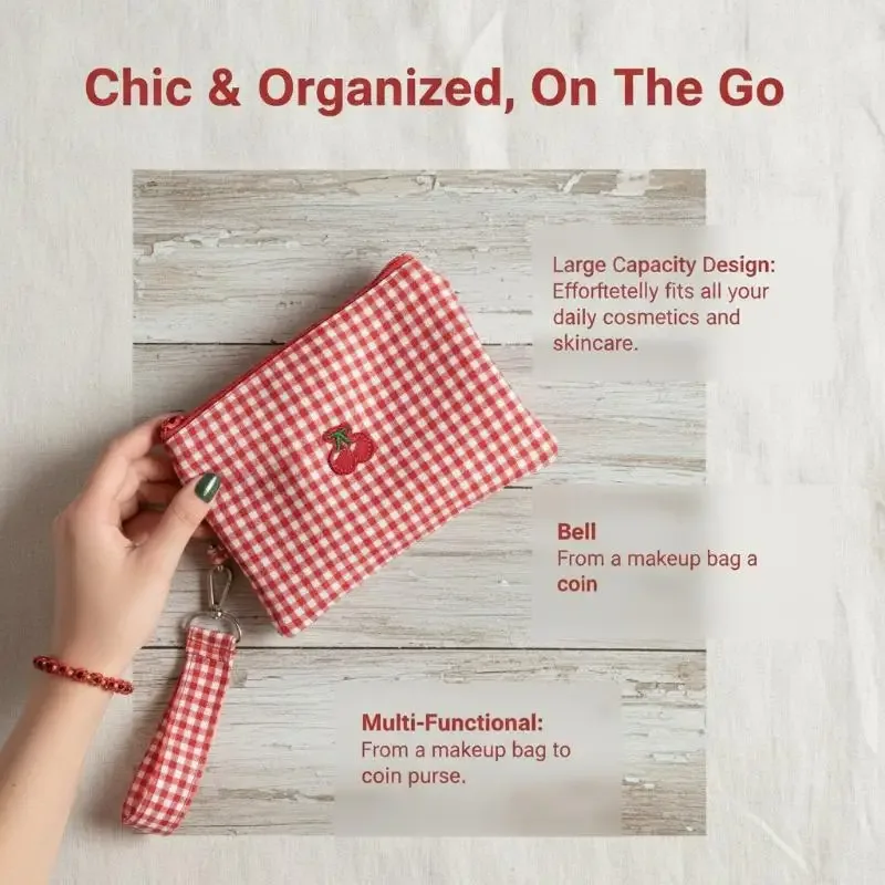 pochette cosmétique en toile imprimée cerise rouge, trousse de maquillage portable à carreaux rouges, petit rangement pour rouge à lèvres, cadeau idéal pour amies