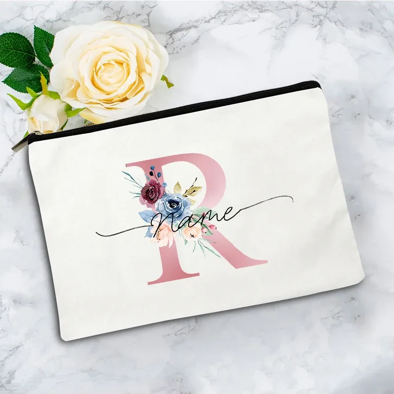 trousse de maquillage personnalisée rose à motifs floraux avec initiale, pochette cosmétique en toile personnalisée, organisateur de voyage pour articles de toilette pour femmes