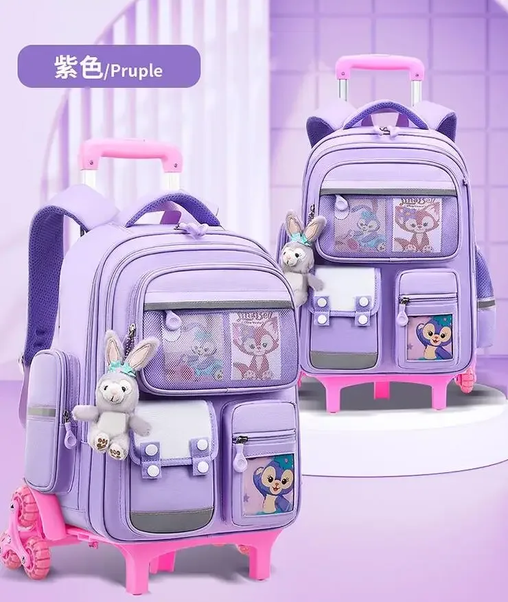 sac à dos d'école à roulettes pour filles et enfants, 17 pouces, 6 roues, sac à livres d'école primaire, sac à bagages à roulettes, sac à dos de chariot scolaire