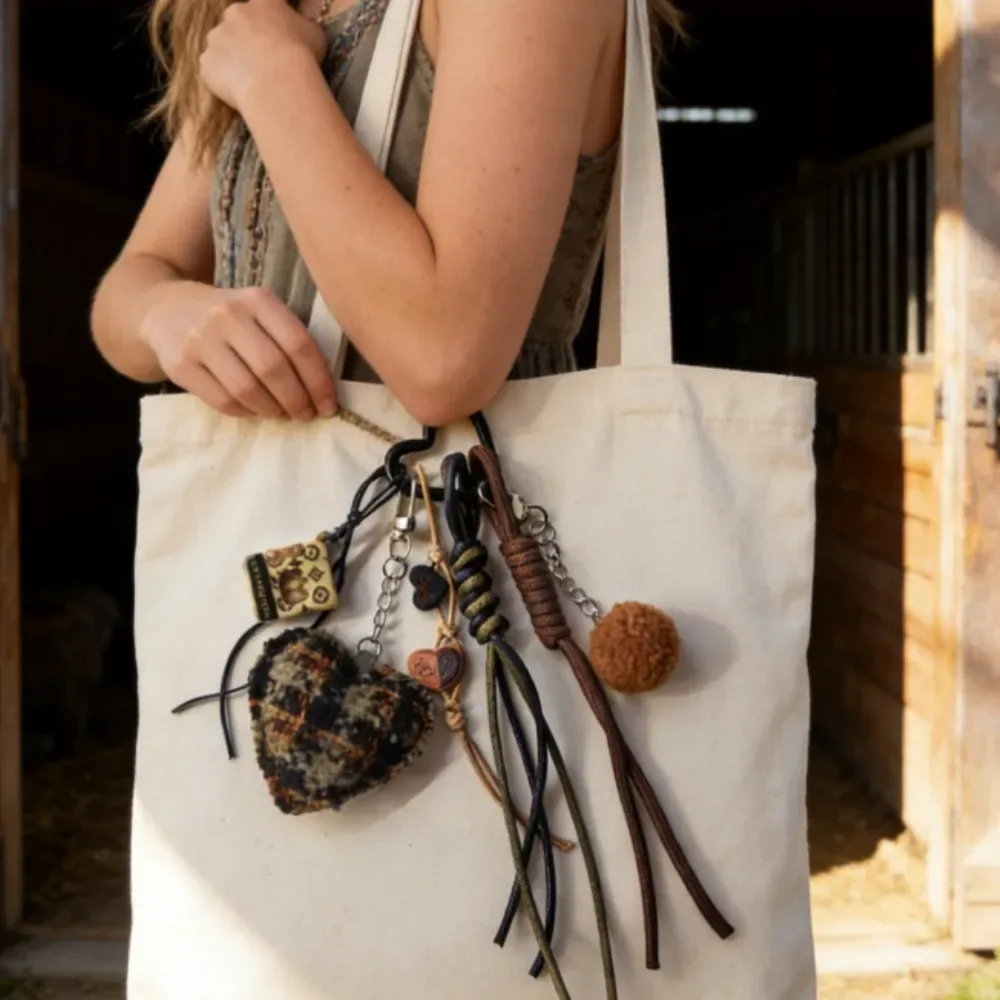 breloque de sac vintage à motif écossais, cœur et étoile avec pompon, pendentif de sac esthétique rétro pour sac fourre-tout, sac à dos, sac bandoulière, accessoire de mode quotidien