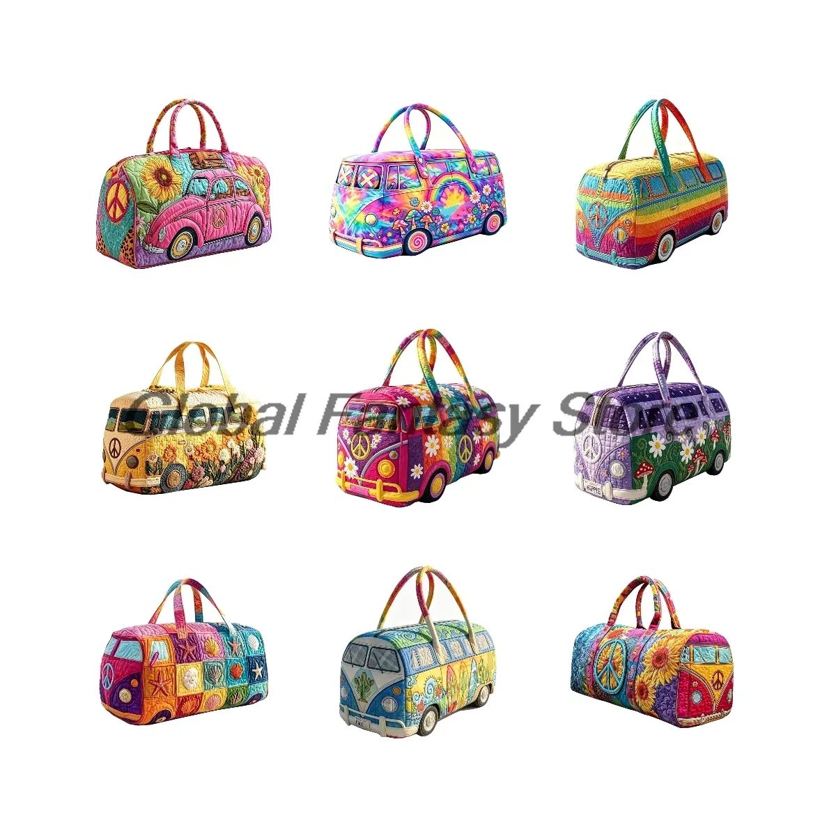 sac de voyage matelassé hippie van 2026 avec imprimé signe de la paix, sac fourre-tout pour voyages en voiture, sac à main pour femmes et hommes, sac de week-end pour activités de plein air
