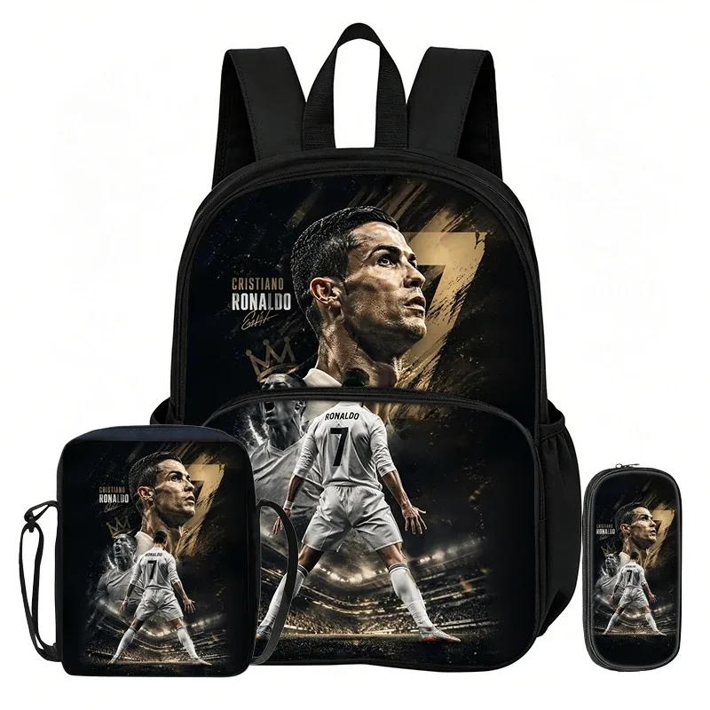 ensemble de 3 sacs à dos avec poche avant ronaldo learn, sacs à bandoulière pour voyage et fans de football, trousse à crayons, sacs d'école et de sport