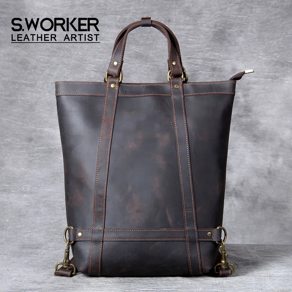 sac à dos vintage en cuir véritable s.worker, sac pour ordinateur portable, sac d'école décontracté en cuir crazy-horse, sac de voyage pour le week-end