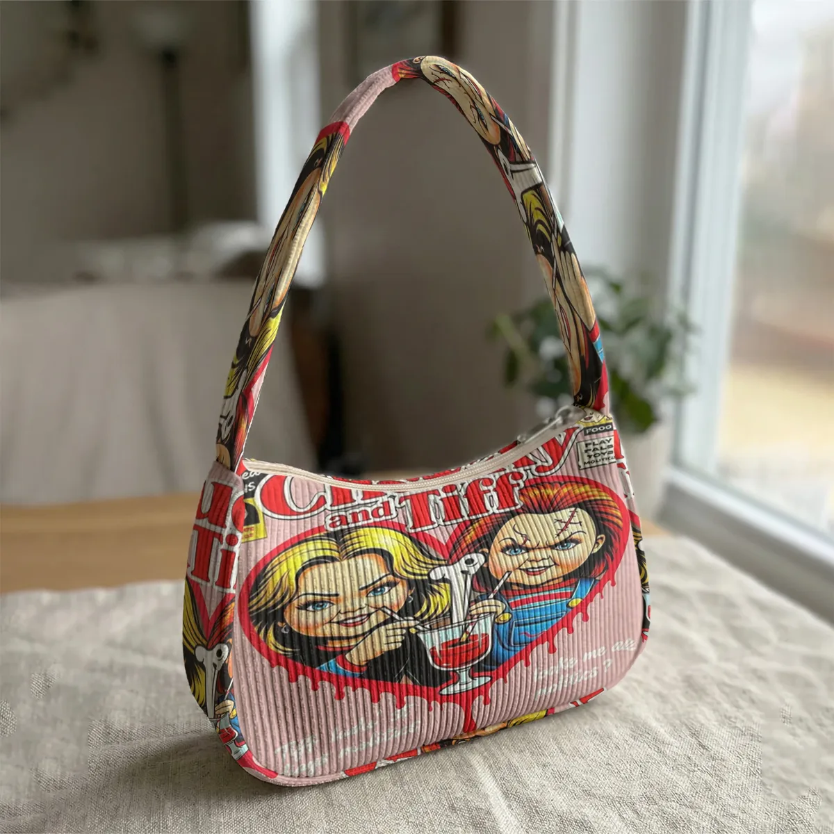 sac à bandoulière tendance imprimé chucky & tiffany, sac sous le bras en velours côtelé pour un usage quotidien décontracté