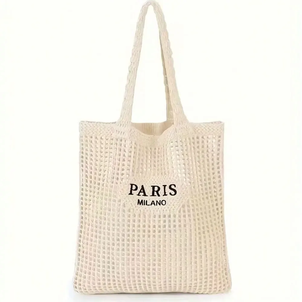 sac fourre-tout tricoté pour femme - sac à bandoulière ouvert avec inscription paris, sac de plage et de voyage respirant, tissu lavable, accessoire de shopping décontracté, design tissé durable, exclusif pour les passionnés de mode