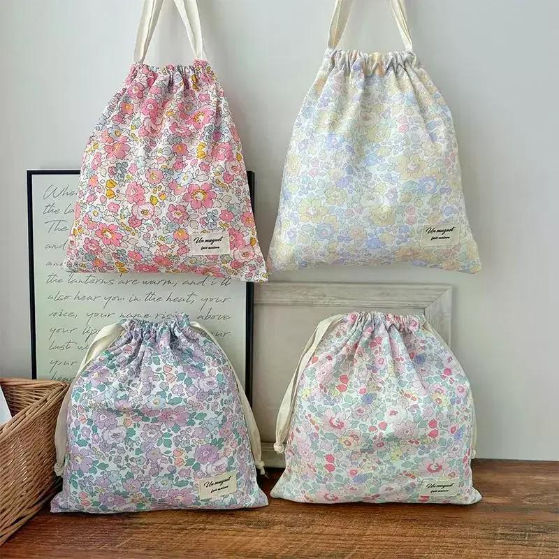 sac à cordon en coton floral fait main style forêt, pochette de rangement vintage pour sous-vêtements, pochette de voyage