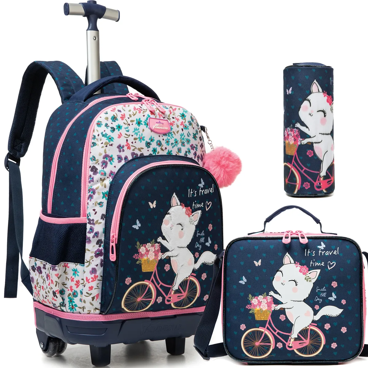 sac dos polyester bleu marine chat rose bicyclette fleurs multicolores grande capacité poche ordinateur portable roues fixes accessoires enfants voyage ecole