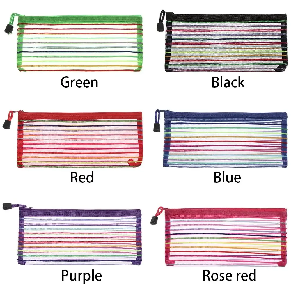 pochette rangement crayons polyester transparent rayures arc ciel fermeture glissière voyage cosmétiques stylos maquillage
