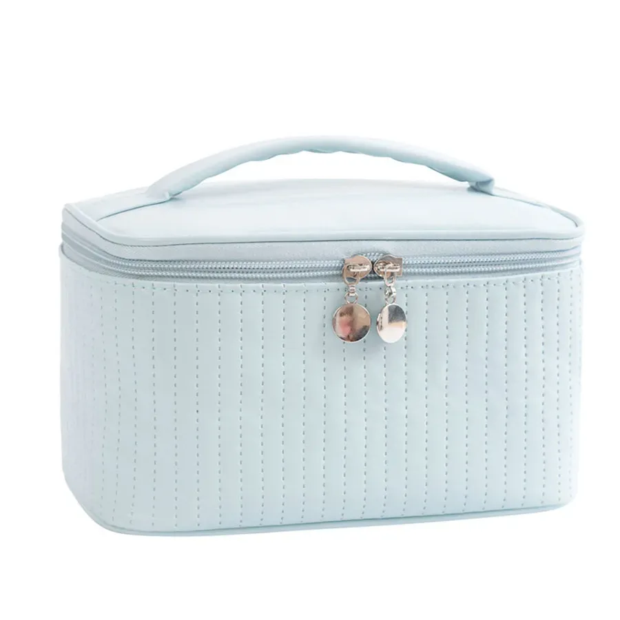 nouvelle trousse de maquillage portable de grande capacité en cuir pu de couleur unie pour femmes, sac de toilette de voyage, organisateur de cosmétiques