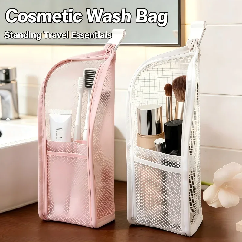 trousse de toilette en maille sur pied, portable, imperméable, organisateur de maquillage et de cosmétiques, pochette de rangement pour brosse à dents et cosmétiques pour femmes, pour salle de bain.